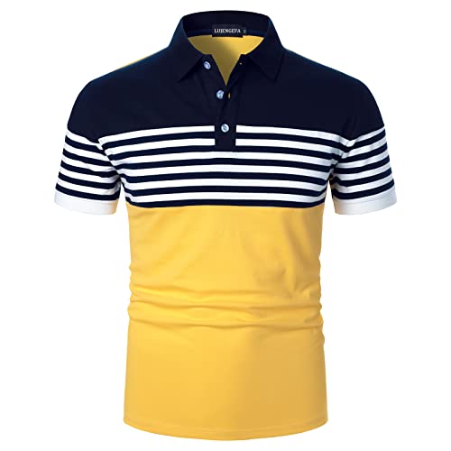 LUJENGEFA Mens Polo Shirts Short Sleeve Striped Casual Slim Fit Golf Polo Contrast Color Summer Cotton T-Shirts Yellow and Navy Blue Small - Image 1