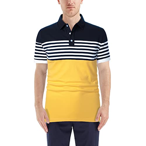 LUJENGEFA Mens Polo Shirts Short Sleeve Striped Casual Slim Fit Golf Polo Contrast Color Summer Cotton T-Shirts Yellow and Navy Blue Small - Image 3