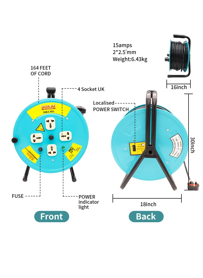 BONAI - BONAI 50-Meter Extension Reel with 4 Sockets and Fuse Protection: Enhance Indoor Power Distribution Naturally - Image 1
