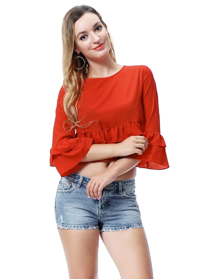 إسكدنيا Women's Solid Color Round Neck Top Loose Ruffled Blouse Orange 