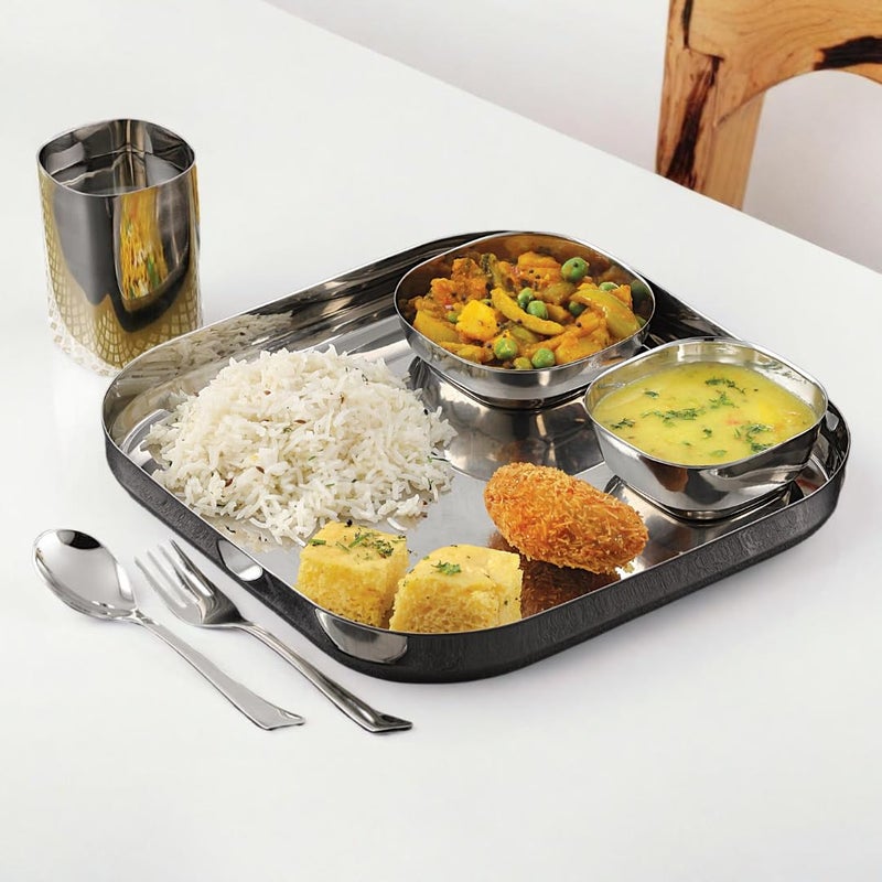 VS VINTAGE STEEL Vintage Steel Square Stainless Steel Heavy Gauge Mirror Finish Khumcha Thali Dinner Set of 6 Pc (1 Plate, 1 Halwa Plate, 1 Bowl, 1 Glass, 1 Spoon, 1 Fork) - Image 4