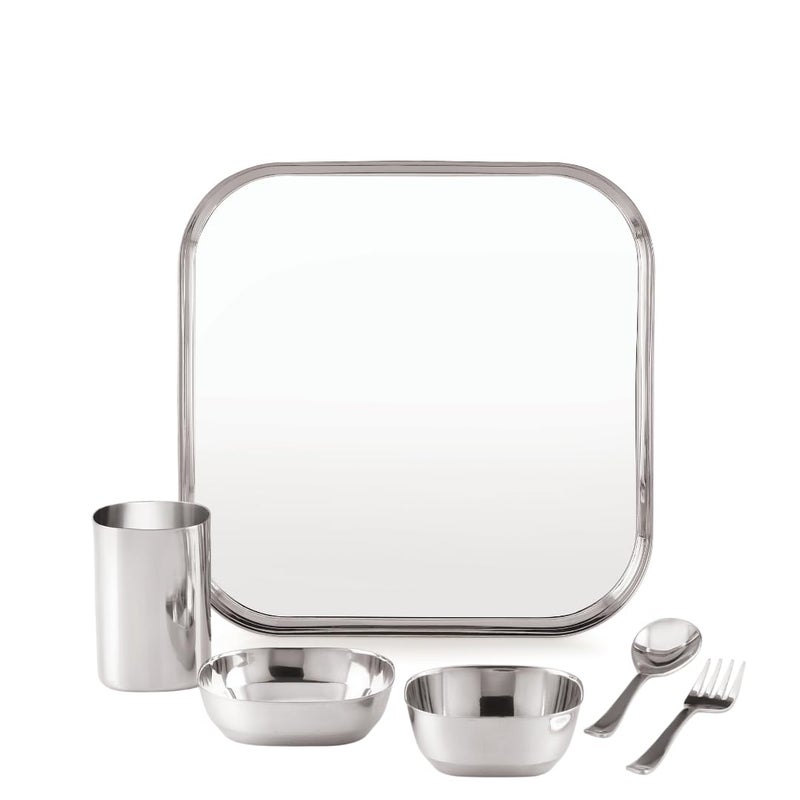 VS VINTAGE STEEL Vintage Steel Square Stainless Steel Heavy Gauge Mirror Finish Khumcha Thali Dinner Set of 6 Pc (1 Plate, 1 Halwa Plate, 1 Bowl, 1 Glass, 1 Spoon, 1 Fork) - Image 1