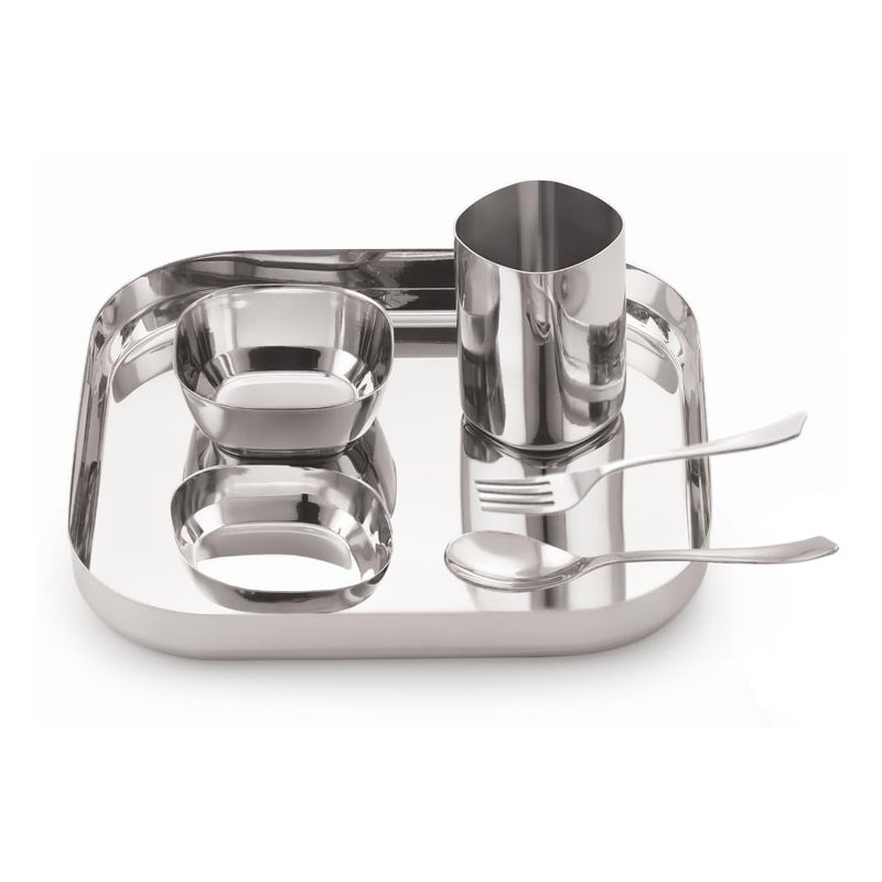 VS VINTAGE STEEL Vintage Steel Square Stainless Steel Heavy Gauge Mirror Finish Khumcha Thali Dinner Set of 6 Pc (1 Plate, 1 Halwa Plate, 1 Bowl, 1 Glass, 1 Spoon, 1 Fork) - Image 2