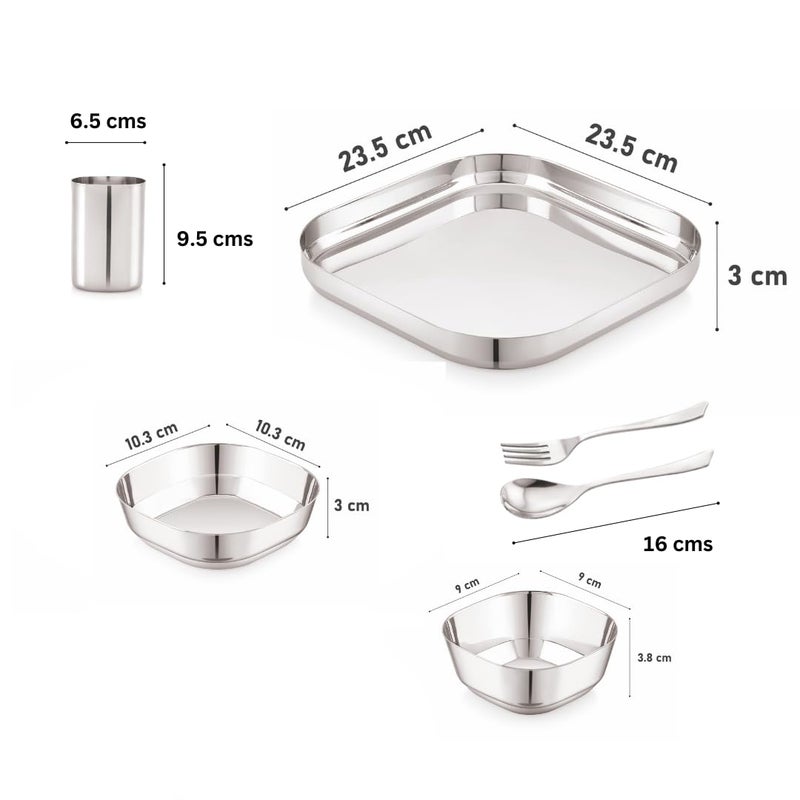 VS VINTAGE STEEL Vintage Steel Square Stainless Steel Heavy Gauge Mirror Finish Khumcha Thali Dinner Set of 6 Pc (1 Plate, 1 Halwa Plate, 1 Bowl, 1 Glass, 1 Spoon, 1 Fork) - Image 3