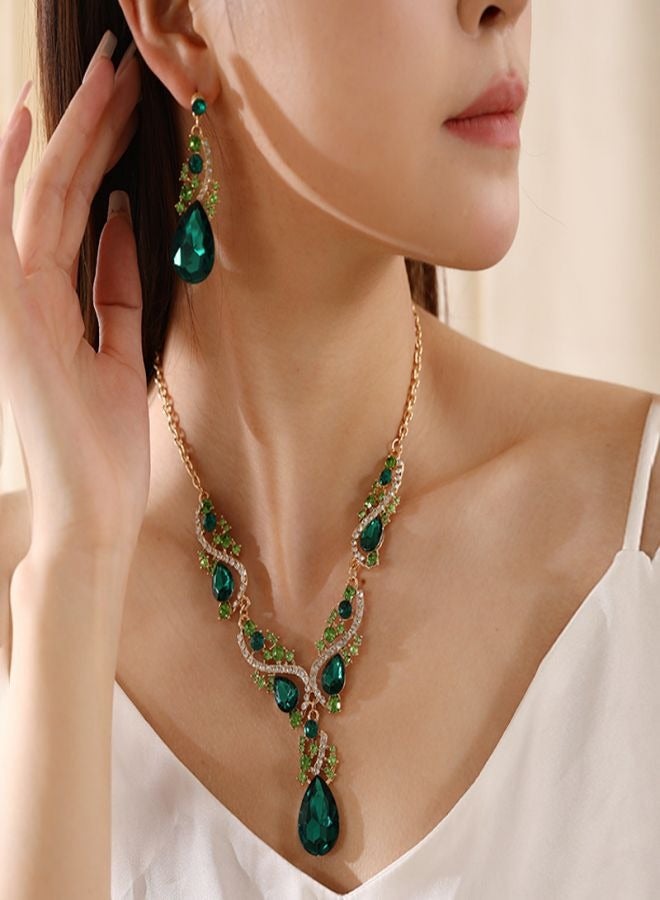 Hot Selling Banquet Emerald Water Drop Necklace Earrings Set Women's High Sense Jewelry Jewelry  set of 2 - Image 1