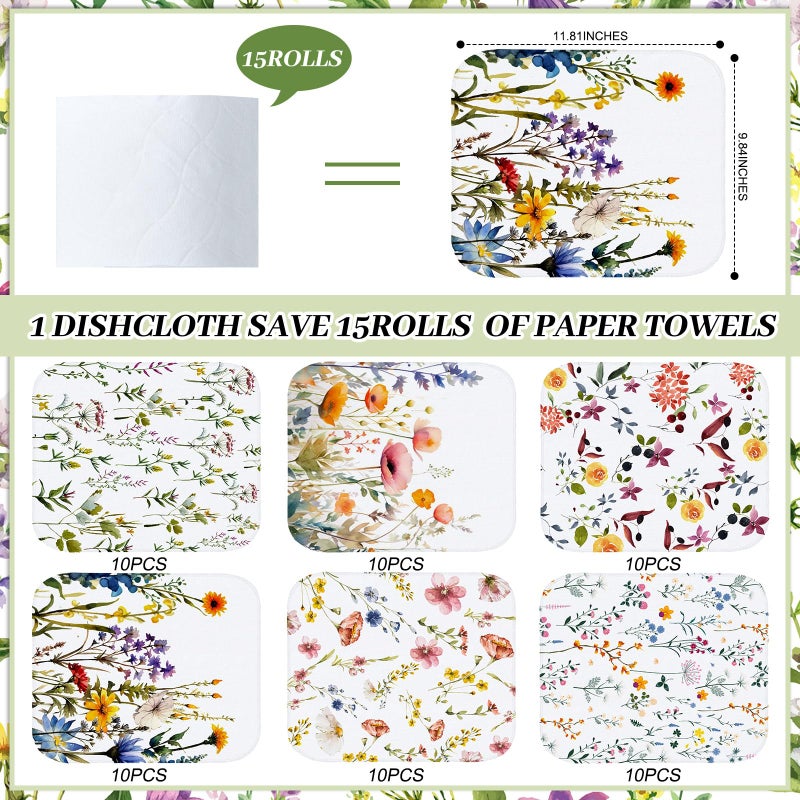 Noveread 60 Pack Reusable Cleaning Cloths Washable Cotton Kitchen Dish Towels for Home Party Supplies Bulk, 9.84x11.81in (Wildflowers) - Image 2