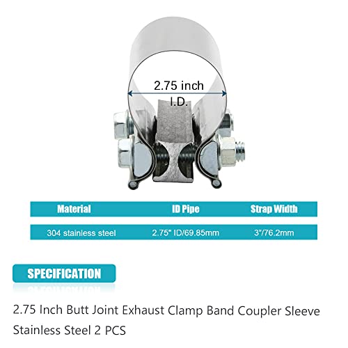 A ABIGAIL 2.75" 2.75 Inch Exhaust Clamp Butt Joint Band Clamp Sleeve Coupler Stainless Steel 2 3/4 Inch for Exhaust Pipes, Mufflers and Catalytic Converters (2 PCS) - Image 3