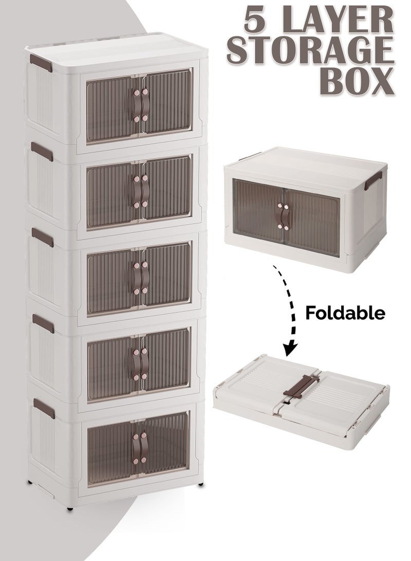 Toshonics 5-Tier Stackable Storage Bins Featuring Foldable Doors, Wheels, and Premium Design For Bedroom Kitchen Dorm Toys Room Office  - Image 1