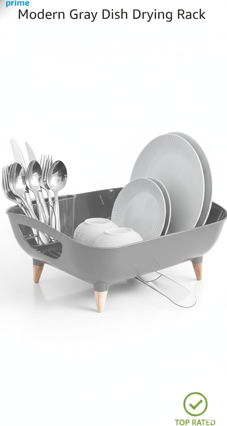 Modern Gray Dish Drainer with Spoon Holder and Shatterproof Acrylic Tray - Image 2