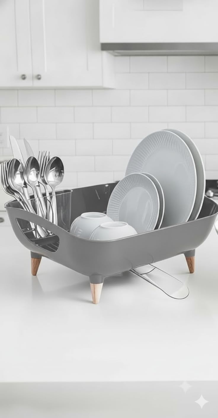 Modern Gray Dish Drainer with Spoon Holder and Shatterproof Acrylic Tray - Image 1