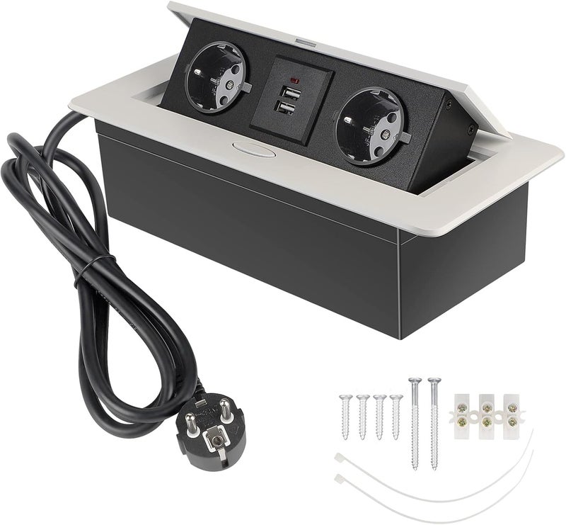 CPROSP Recessed Socket for Worktop White Kitchen Power Strip with 2 Sockets + 2 Sockets + 2 USB/Connector/Cable 1.8m - Image 1