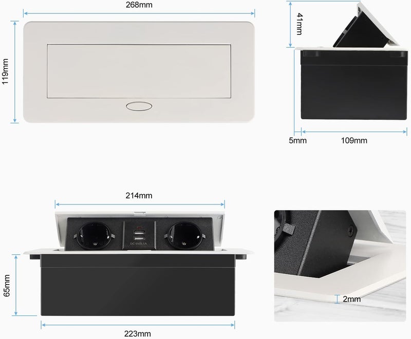 CPROSP Recessed Socket for Worktop White Kitchen Power Strip with 2 Sockets + 2 Sockets + 2 USB/Connector/Cable 1.8m - Image 2