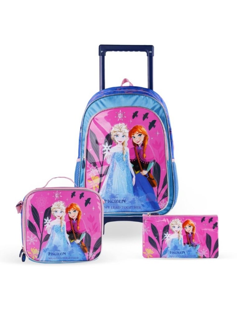 Disney FROZEN 3in1 3D Disney Frozen Printed Backpack  Large Capacity Trolley School Bag With Lunch Bag & Pencil Bag  Water Resistant, Perfect for Girls Ages 3-8 - Image 1