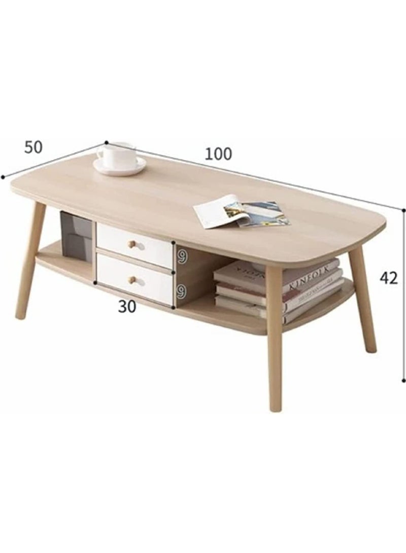 Coffee Table Large-capacity Table Storage Double-layer Simple Installation Side Table for Living Room with 2 Drawers 100 * 50cm