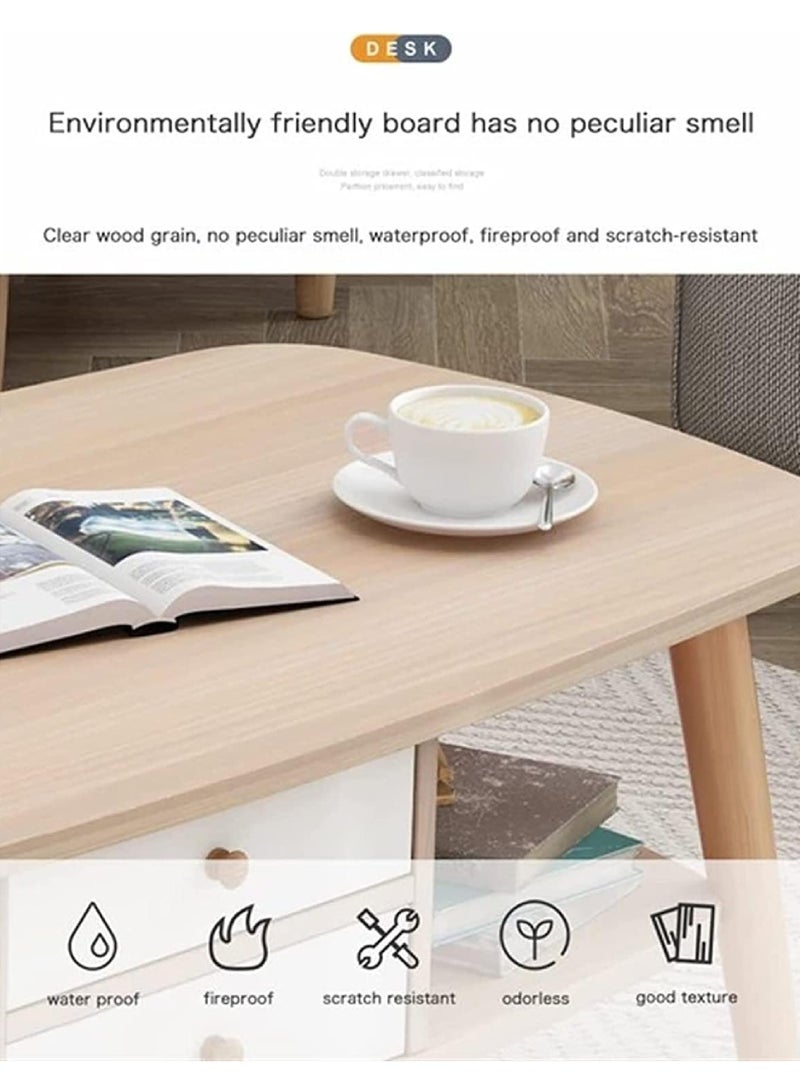 Coffee Table Large-capacity Table Storage Double-layer Simple Installation Side Table for Living Room with 2 Drawers 100 * 50cm