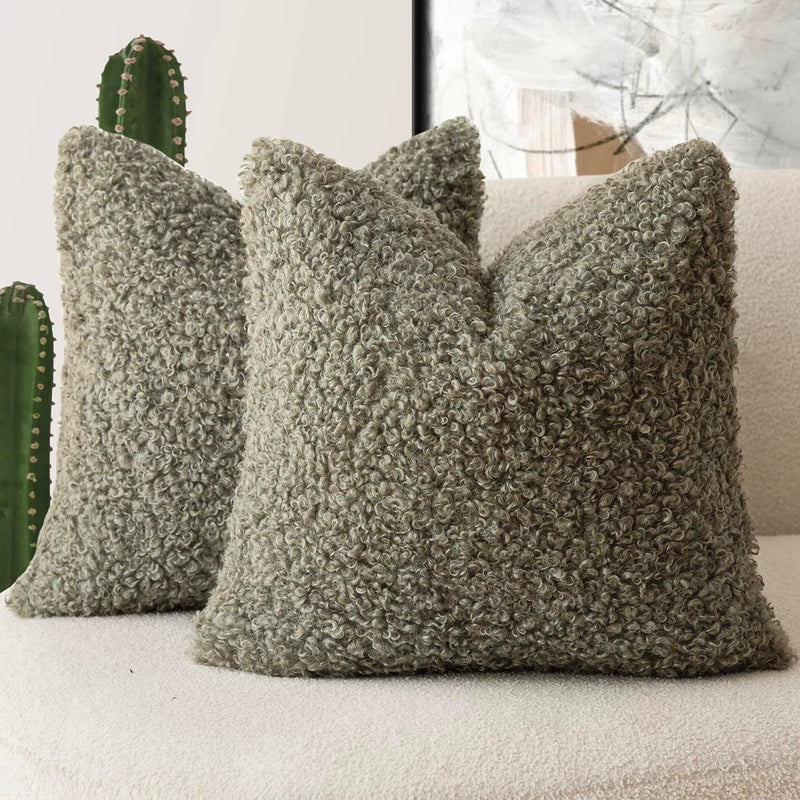 Foindtower 2 Pieces 18x18 Inch Sage Green Faux Fur Throw Pillow Cover Accent Sherpa Pillow Fuzzy Soft Pillowcases Sheepskin Decorative Fleece Cushion Case for Bed Couch Living Room - Image 2