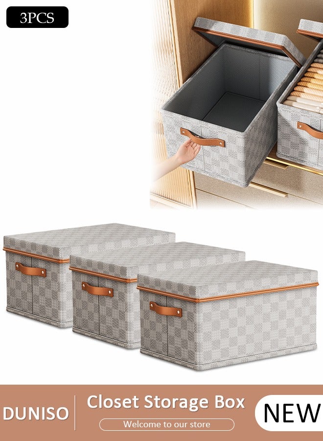 DUNISO 3 Pack Closet Storage Box with Lid and Handle, Stackable Wardrobe Clothes Organizer, Foldable Closet Storage Basket, Cube Storage Bins for Clothing, T-Shirt, Jeans, Sweaters, Toys & Books (18L) - Image 1