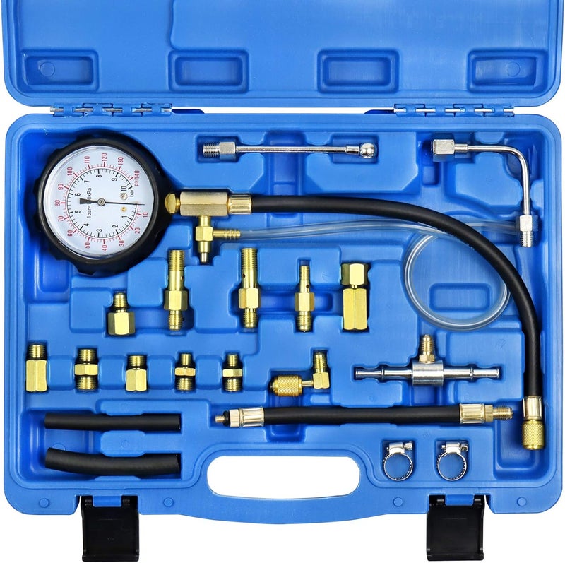 YSTOOL Fuel Pressure Tester Gauge Kit 140PSI Automotive Engine Injector Pump Test Gasoline Gas Injection Manometer Tool Set with Inline Fitting Schrader Adapter for Auto Car Motorcycle (Blue Case) - Image 1