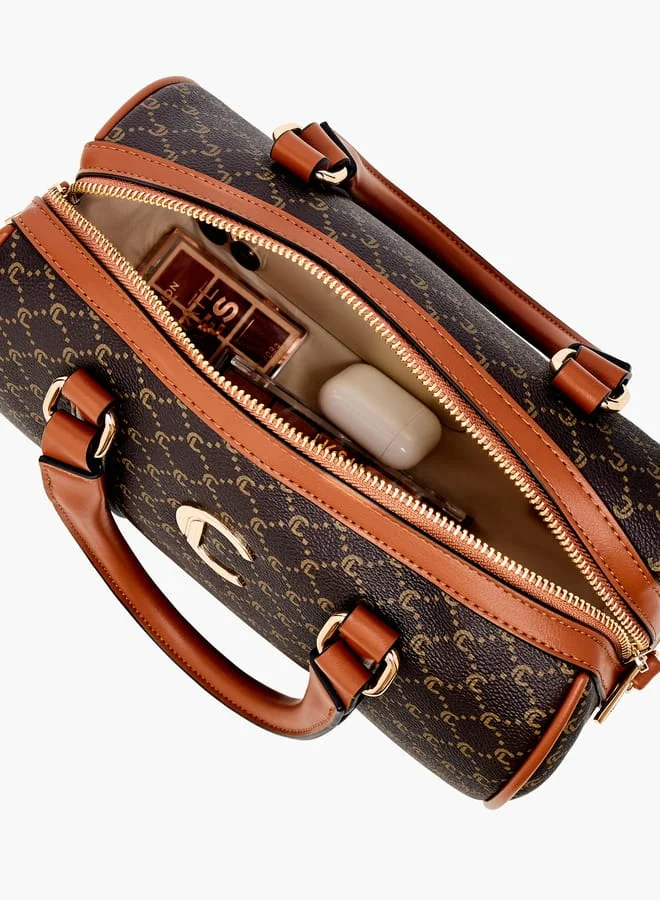 لو كونفورت Women Solid Bowler Bag with Detachable Strap and Zip Closure