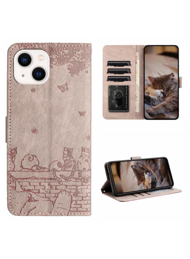 S-TOP Case For iPhone 15 Plus Cat Embossing Pattern Leather Phone Case with Lanyard - Image 1
