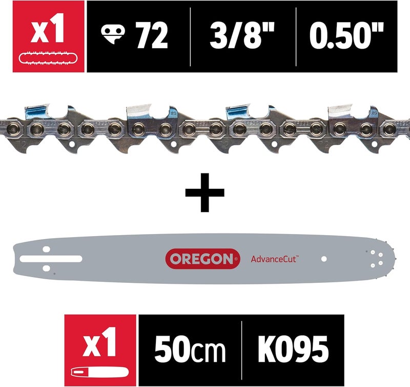 Oregon 584271 Chainsaw Guide Bar & Chain Combo, PowerCut Replacement Bar Length 20" (50cm) with Chain Set, 3/8" Pitch, 0.050" Gauge, 72 Drive Links - Image 1