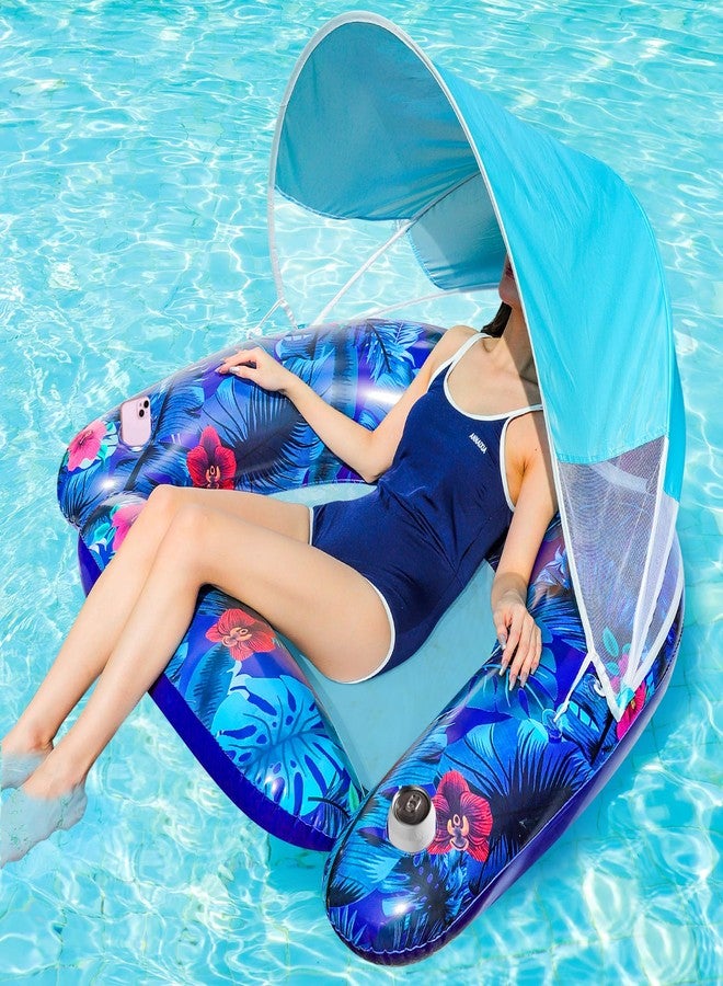 FindUWill Pool Floats with Canopy for Adults - XL Pool Float Chair with Cup Holder and Removable Sun Shade, Heavy Duty Inflatable Pool Chair for Pool Lake Beach (Blue) - Image 1