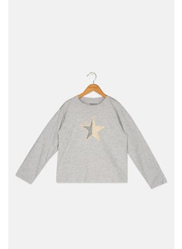 Kids Girl Crew Neck Graphic Print T-Shirts, Grey Combo