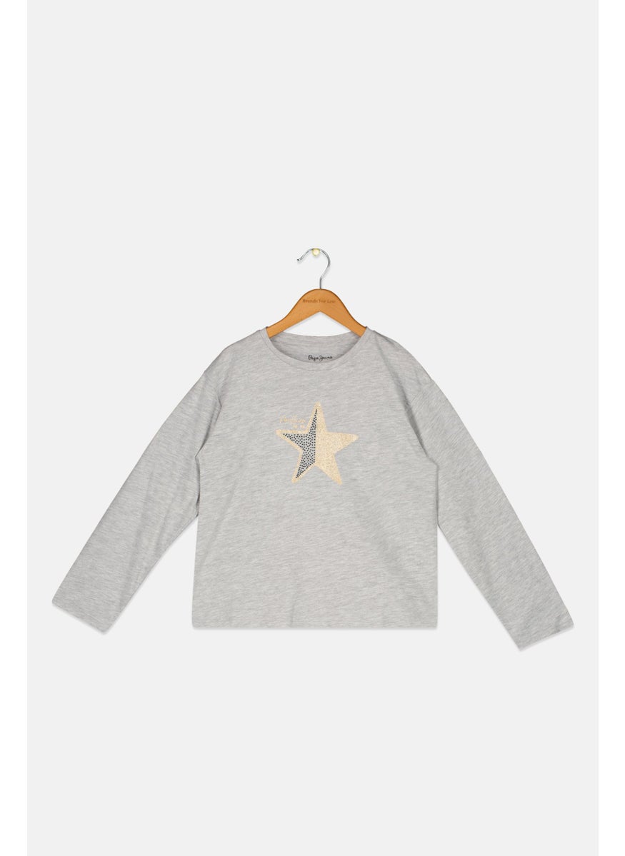 Pepe Jeans - Kids Girl Crew Neck Graphic Print T-Shirts, Grey Combo - Image 1