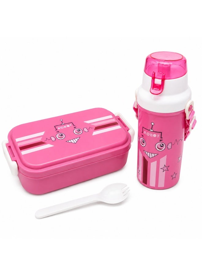 3-Piece Kids Lunch Box Set with 2-Compartment Lunch Box, Matching Water Bottle & Spoon – Pink - Image 1