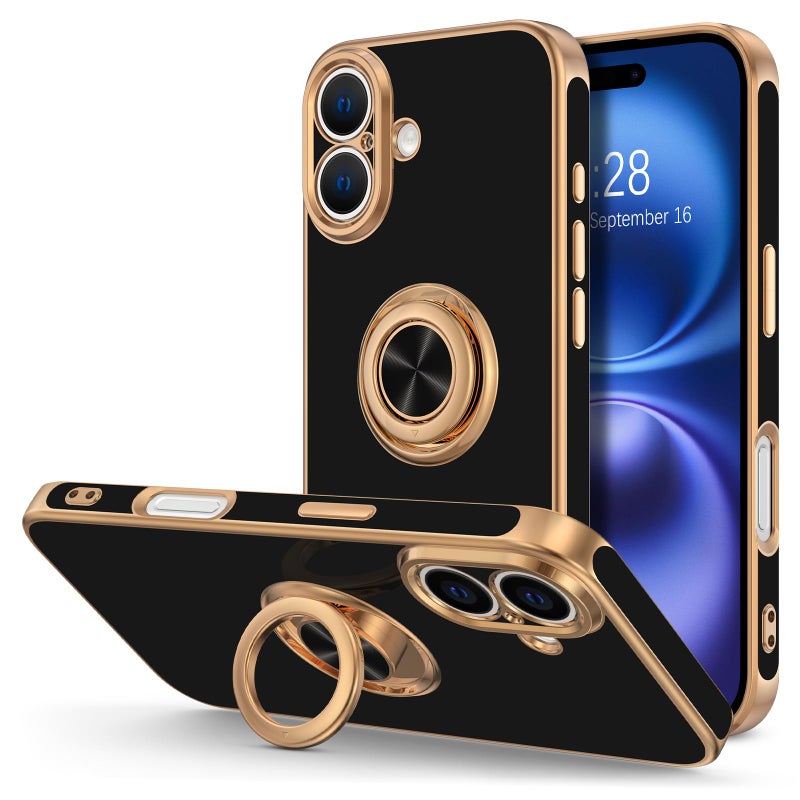 Hython for iPhone 16 Case with Ring Stand, 360Â° Rotatable Ring Holder Magnetic Kickstand, Plating Rose Gold Edge Soft Cover Protective Phone Case for iPhone 16 6.1", Black - Image 1