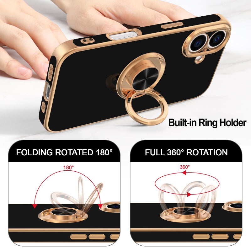Hython for iPhone 16 Case with Ring Stand, 360Â° Rotatable Ring Holder Magnetic Kickstand, Plating Rose Gold Edge Soft Cover Protective Phone Case for iPhone 16 6.1", Black - Image 4