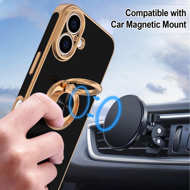 Hython for iPhone 16 Case with Ring Stand, 360Â° Rotatable Ring Holder Magnetic Kickstand, Plating Rose Gold Edge Soft Cover Protective Phone Case for iPhone 16 6.1", Black - Image 5