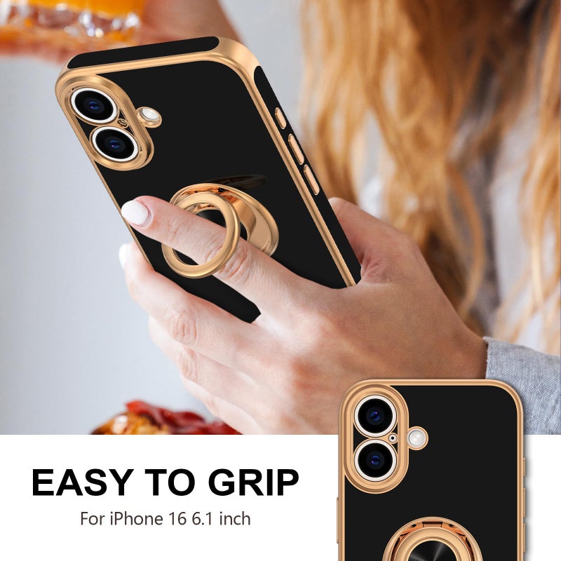 Hython for iPhone 16 Case with Ring Stand, 360Â° Rotatable Ring Holder Magnetic Kickstand, Plating Rose Gold Edge Soft Cover Protective Phone Case for iPhone 16 6.1", Black - Image 2