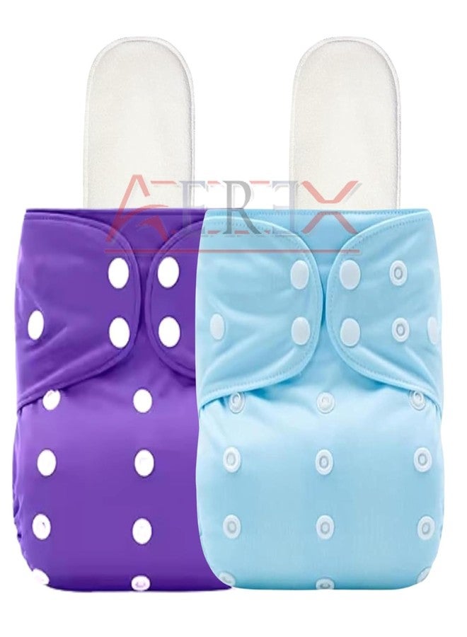 AEREX Premium Reusable Baby Cotton 2 Cloth Diapers For 0 to 3 Years With 2 Insert Pads Leak Proof Washable Diapers For New Born Babies Adjustable Pocket Cloth Diaper Nappies (Purple & Sky Blue) - Image 1