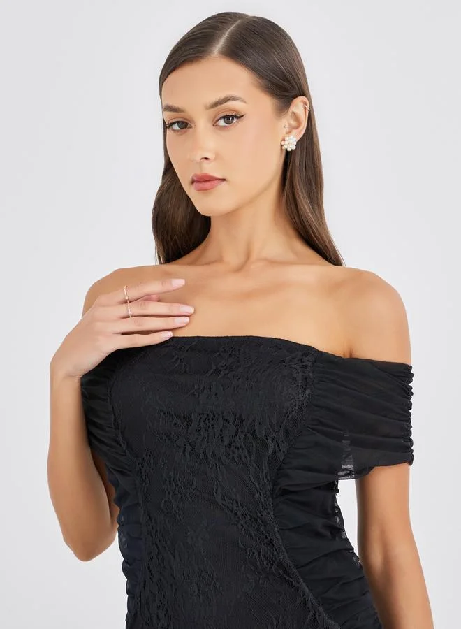 Styli Styli Lace Detail Off Shoulder Asymmetric Hem Maxi Dress