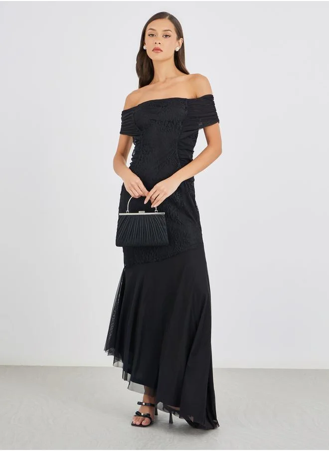 Styli Styli Lace Detail Off Shoulder Asymmetric Hem Maxi Dress