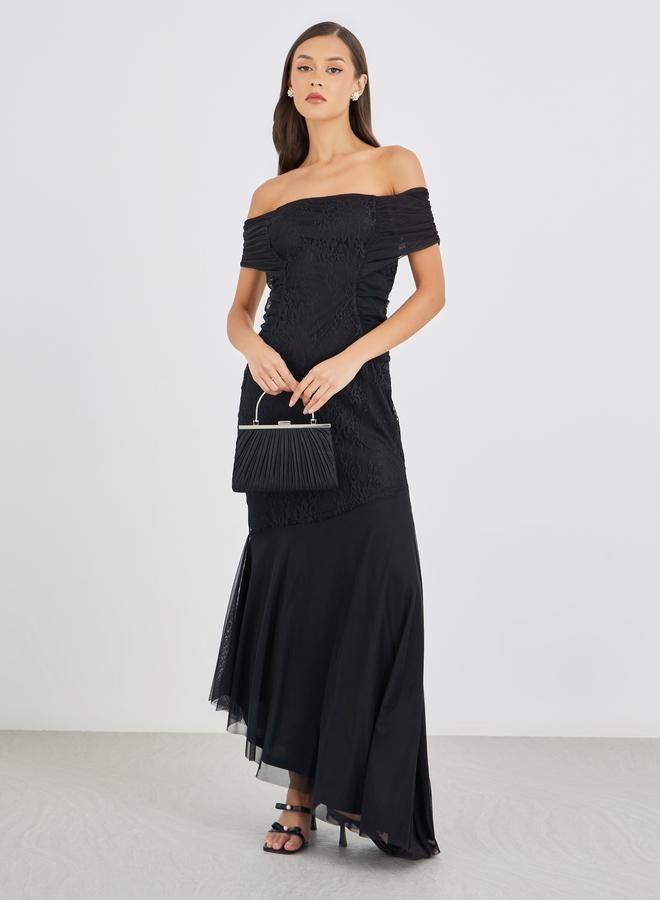 Styli Lace Detail Off Shoulder Asymmetric Hem Maxi Dress - Image 1