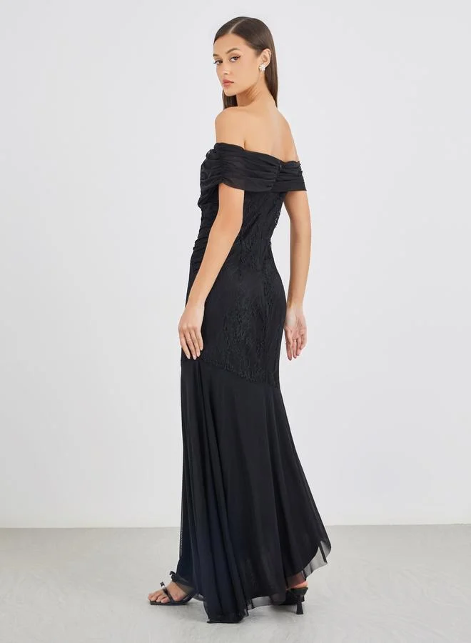 Styli Styli Lace Detail Off Shoulder Asymmetric Hem Maxi Dress