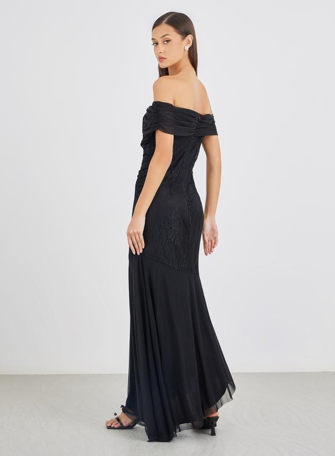 Styli Lace Detail Off Shoulder Asymmetric Hem Maxi Dress - Image 5