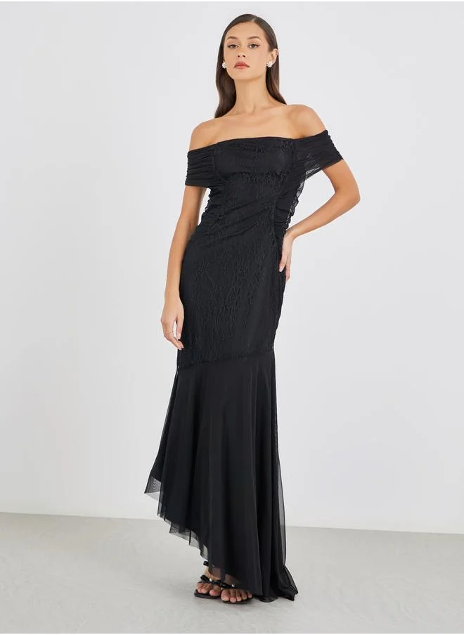 Styli Styli Lace Detail Off Shoulder Asymmetric Hem Maxi Dress