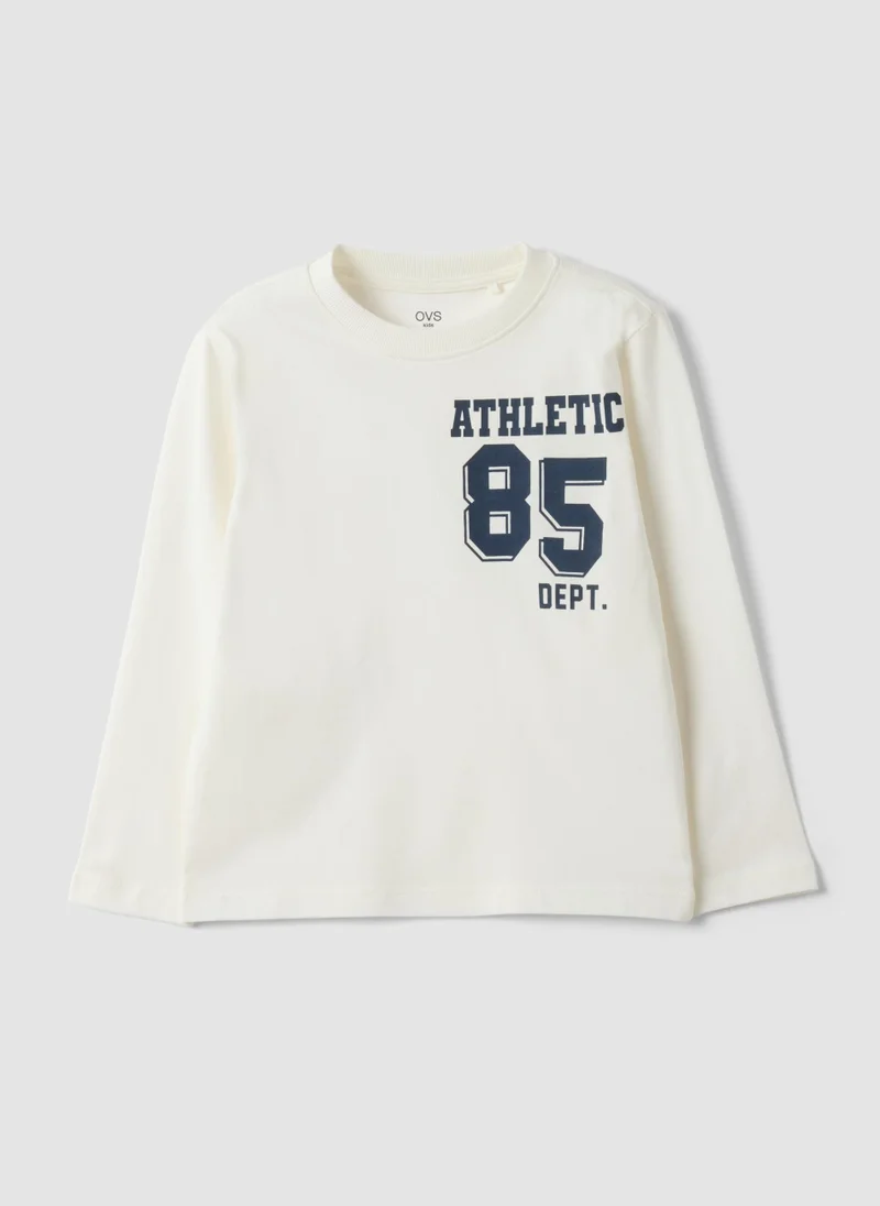 او في اس OVS White Organic Cotton T-Shirt With College Print For Boys
