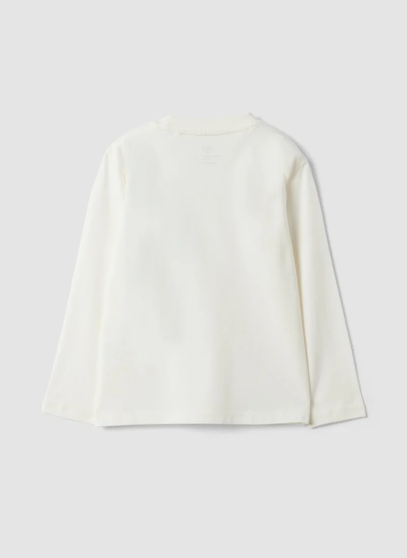 او في اس OVS White Organic Cotton T-Shirt With College Print For Boys