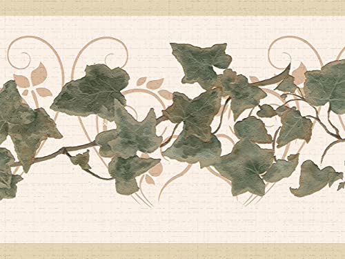 Dundee Deco Wallpaper Border Peel and Stick DDAZBD9297 Abstract Green Beige Leaves on a Vine Wall Border Retro Design 15 ft x 7 in 457m x 1778cm Self Adhesive - Image 1