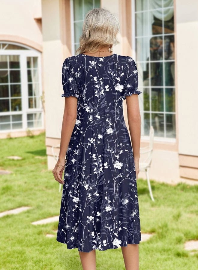 zeagoo Womens Summer Dress Casual Midi Dresses 2026 Short Puff Sleeve Flare Dress Pleated Flowy Sundress with Pockets, Navy Floral 01, M - Image 2