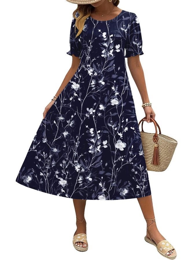 zeagoo Womens Summer Dress Casual Midi Dresses 2026 Short Puff Sleeve Flare Dress Pleated Flowy Sundress with Pockets, Navy Floral 01, M - Image 1