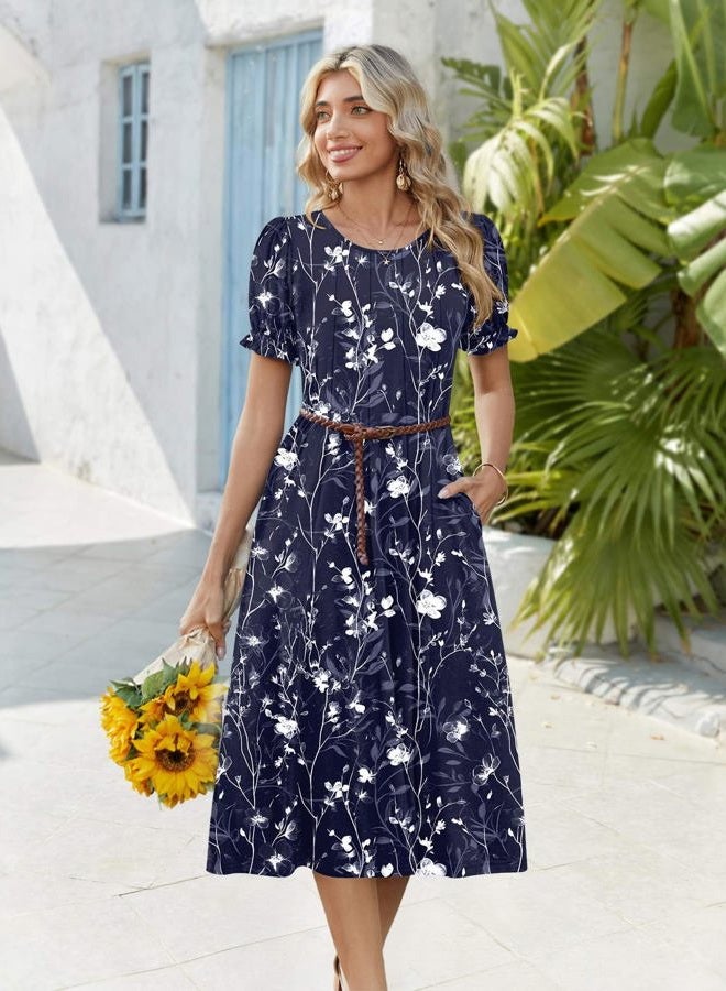 zeagoo Womens Summer Dress Casual Midi Dresses 2026 Short Puff Sleeve Flare Dress Pleated Flowy Sundress with Pockets, Navy Floral 01, M - Image 5