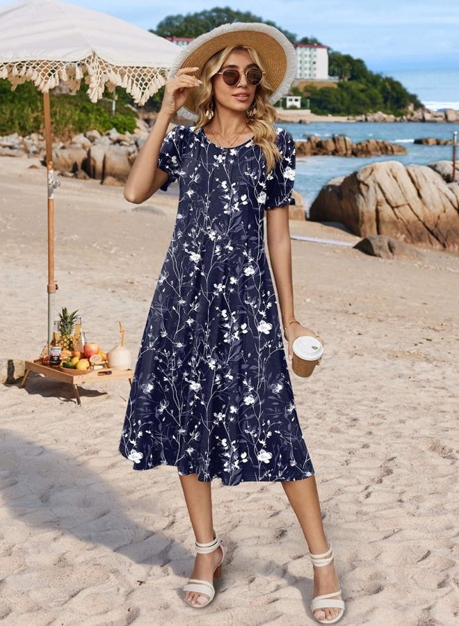 zeagoo Womens Summer Dress Casual Midi Dresses 2026 Short Puff Sleeve Flare Dress Pleated Flowy Sundress with Pockets, Navy Floral 01, M - Image 3