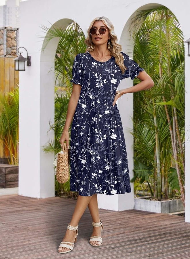 zeagoo Womens Summer Dress Casual Midi Dresses 2026 Short Puff Sleeve Flare Dress Pleated Flowy Sundress with Pockets, Navy Floral 01, M - Image 4