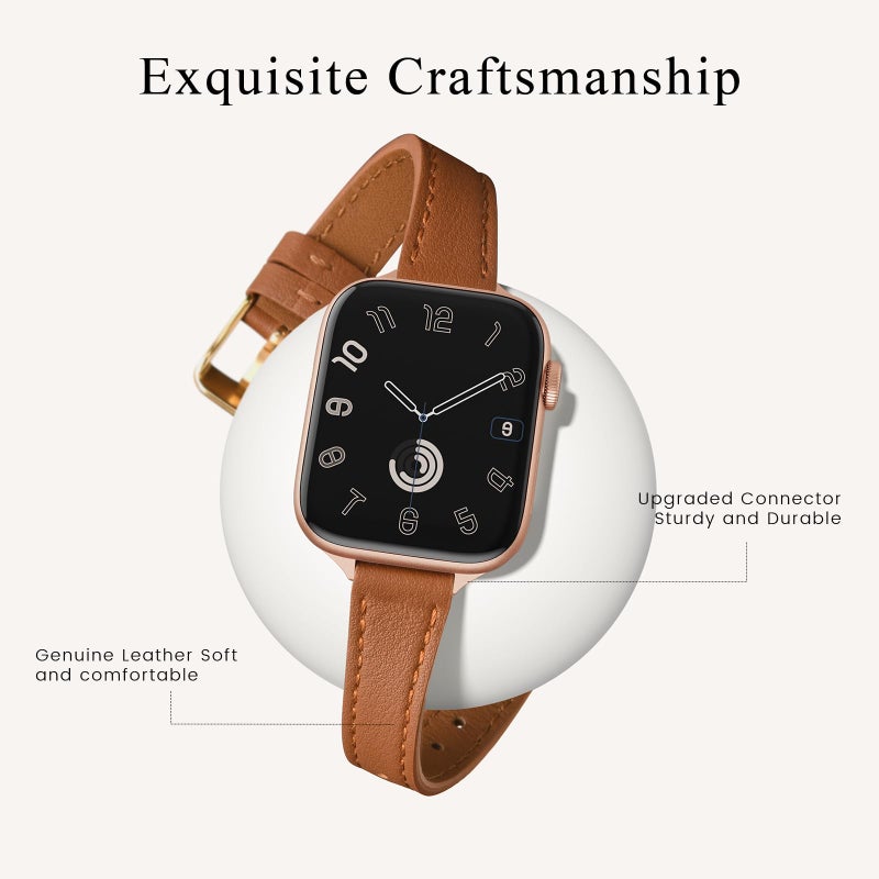 STIROLL Slim Leather Bands Compatible with Apple Watch Band 38mm 40mm 41mm 42mm(Series 11 10), Top Grain Leather Watch Thin Wristband for iWatch SE 9 8 7 6 5 4 3 2 1 (Brown Rose Gold) - Image 2