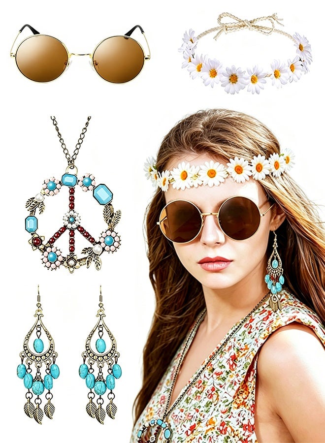 MXN 4 Pcs Hippie Costume Accessories Set with Sunglasses Peace Sign Necklace Boho Headband and Earring -  Hippie Costume Accessories - Retro Hippie Kit for 60s 70s Party Halloween Music Festivals and Themed Parties - Image 1